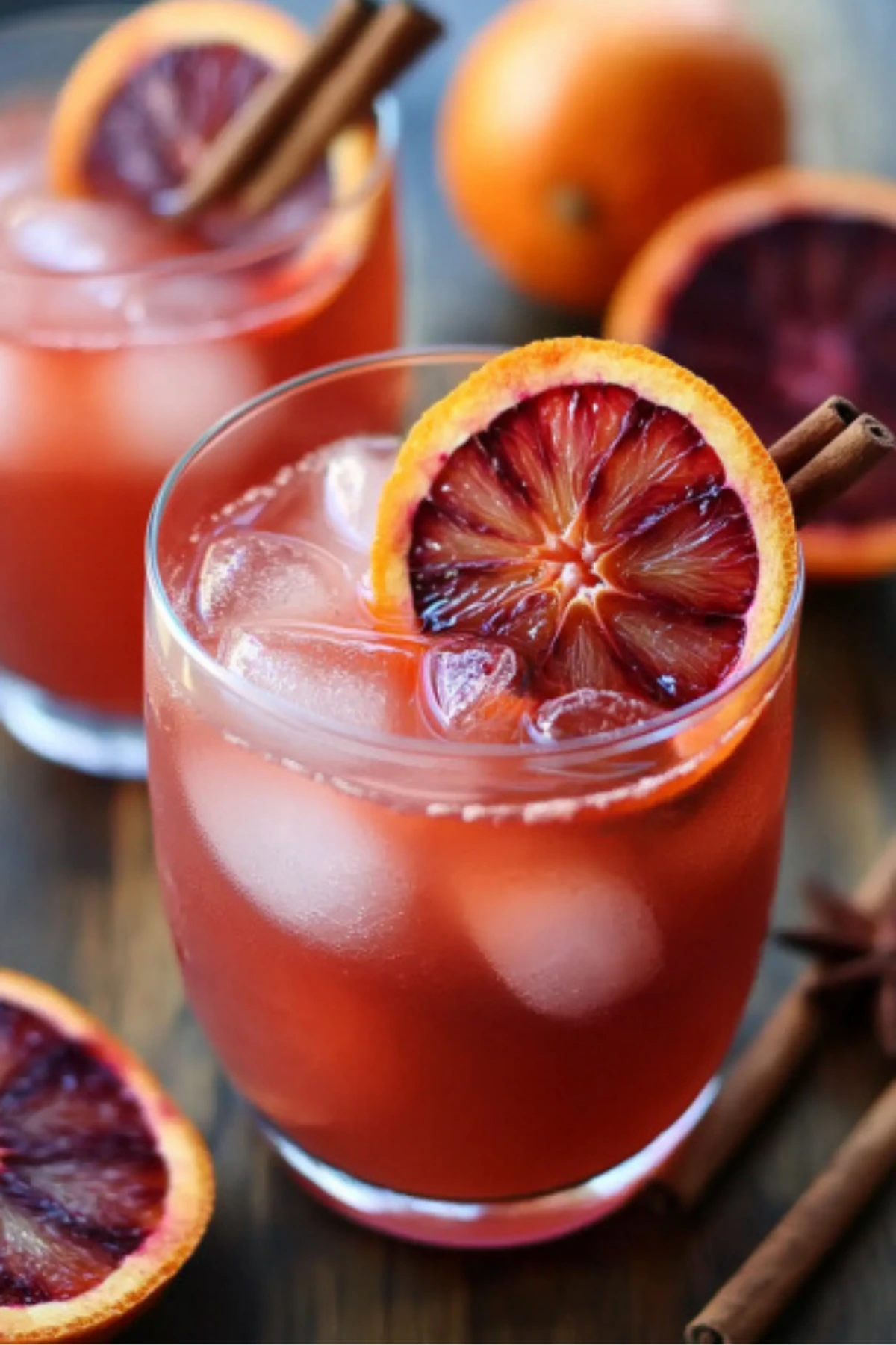 Refreshing blood orange witches brew for kids with ice cubes and cinnamon stick in a clear glass