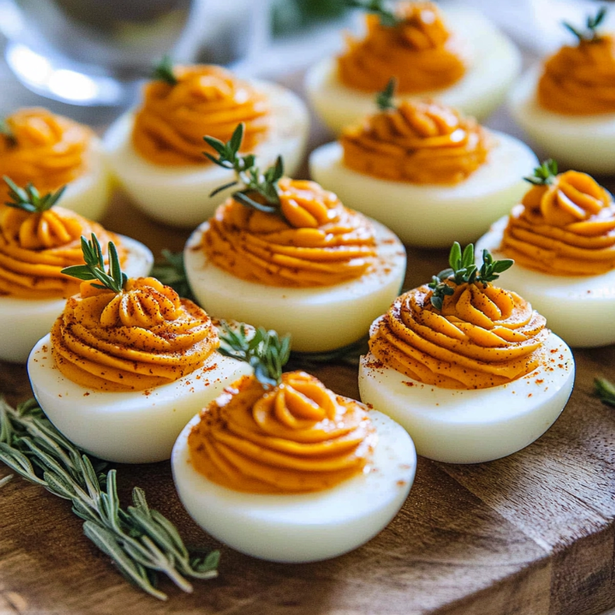 A close-up of deviled eggs with orange filling shaped like pumpkins, topped with thyme and sage leaves, served on a rustic wooden board.