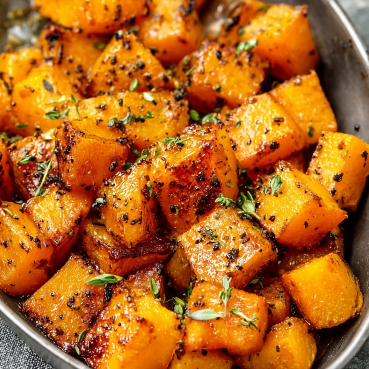 Close-up of roasted butternut squash cubes with herbs and spices in a rustic bowl