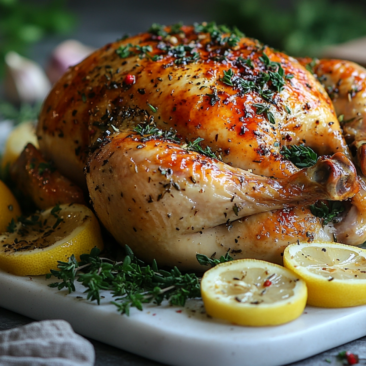 A perfectly roasted chicken garnished with fresh herbs, lemon slices, and garlic cloves on a white platter.