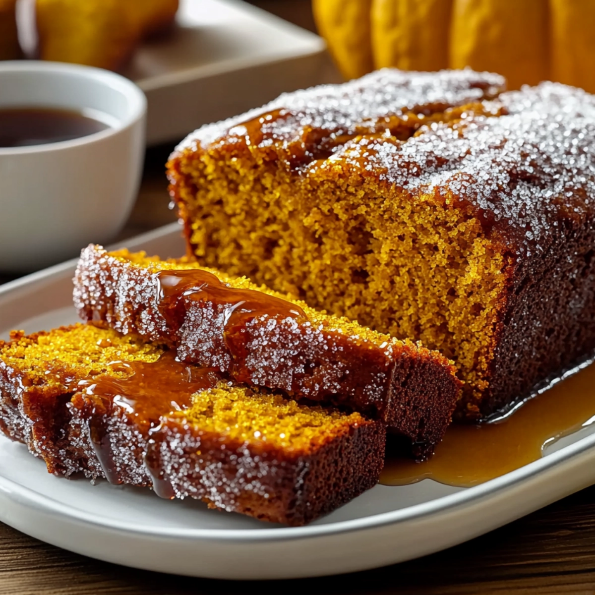 Freshly baked pumpkin bread loaf with sugar crust and maple syrup drizzle on a white plate.