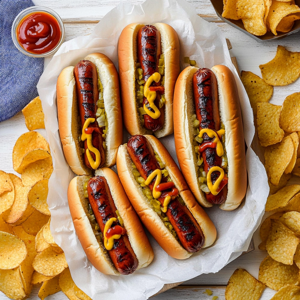 Air-fried hot dogs with ketchup, served with fries, held in a tray with a festive bokeh background.