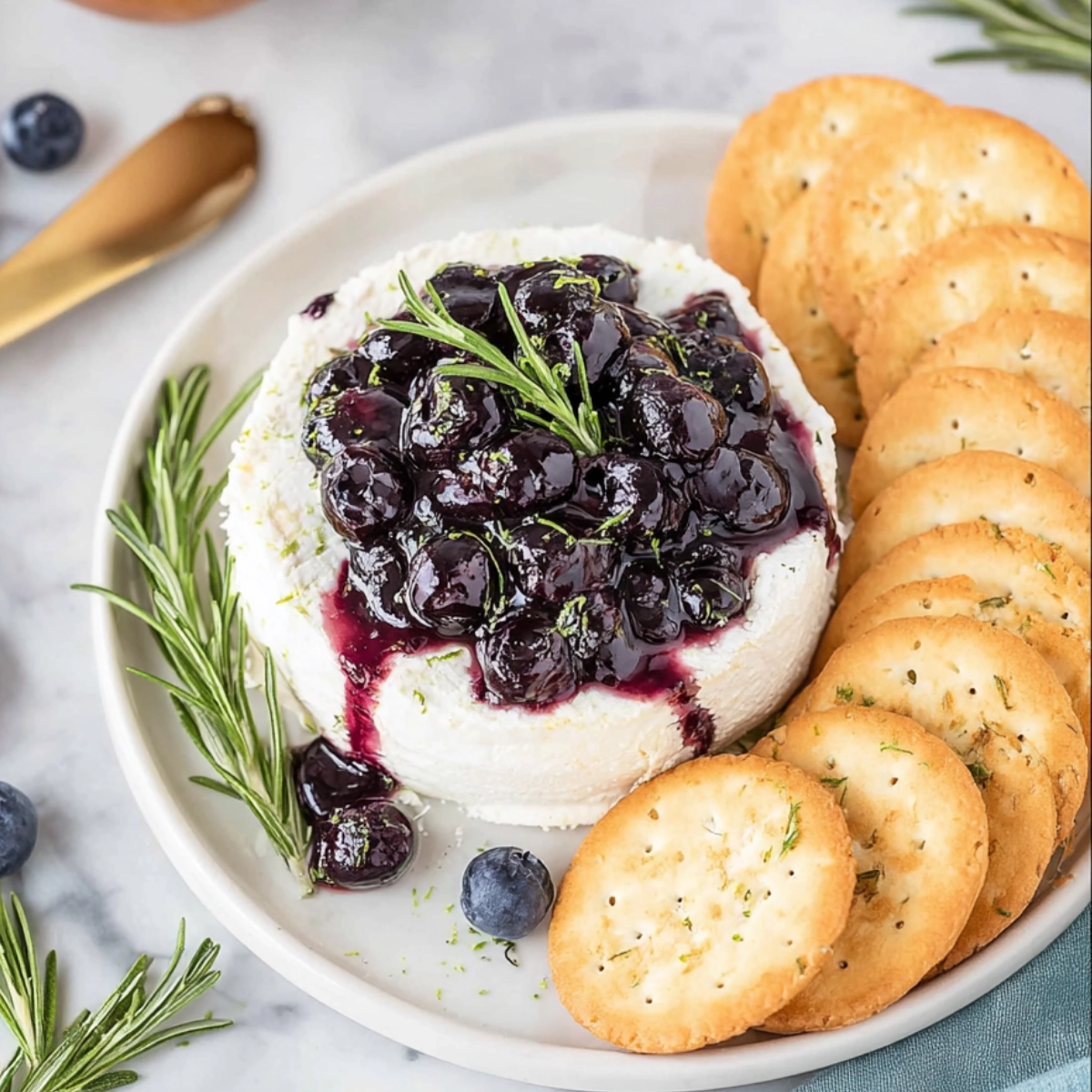 Delicious creamy goat cheese topped with blueberry compote and rosemary sprigs, served with crackers and crostini.