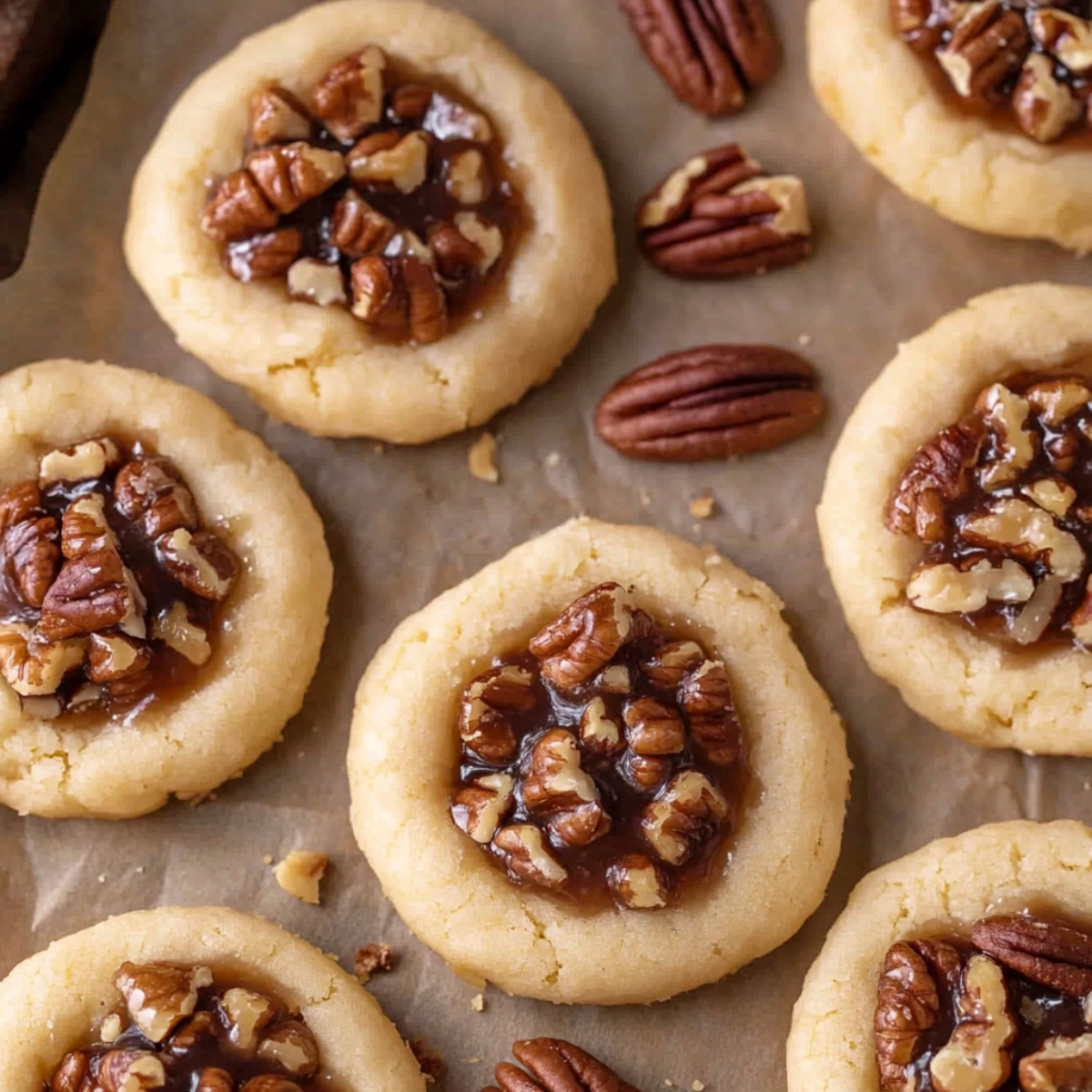 Close-up of pecan pie thumbprint cookies with caramelized pecan filling on parchment paper.