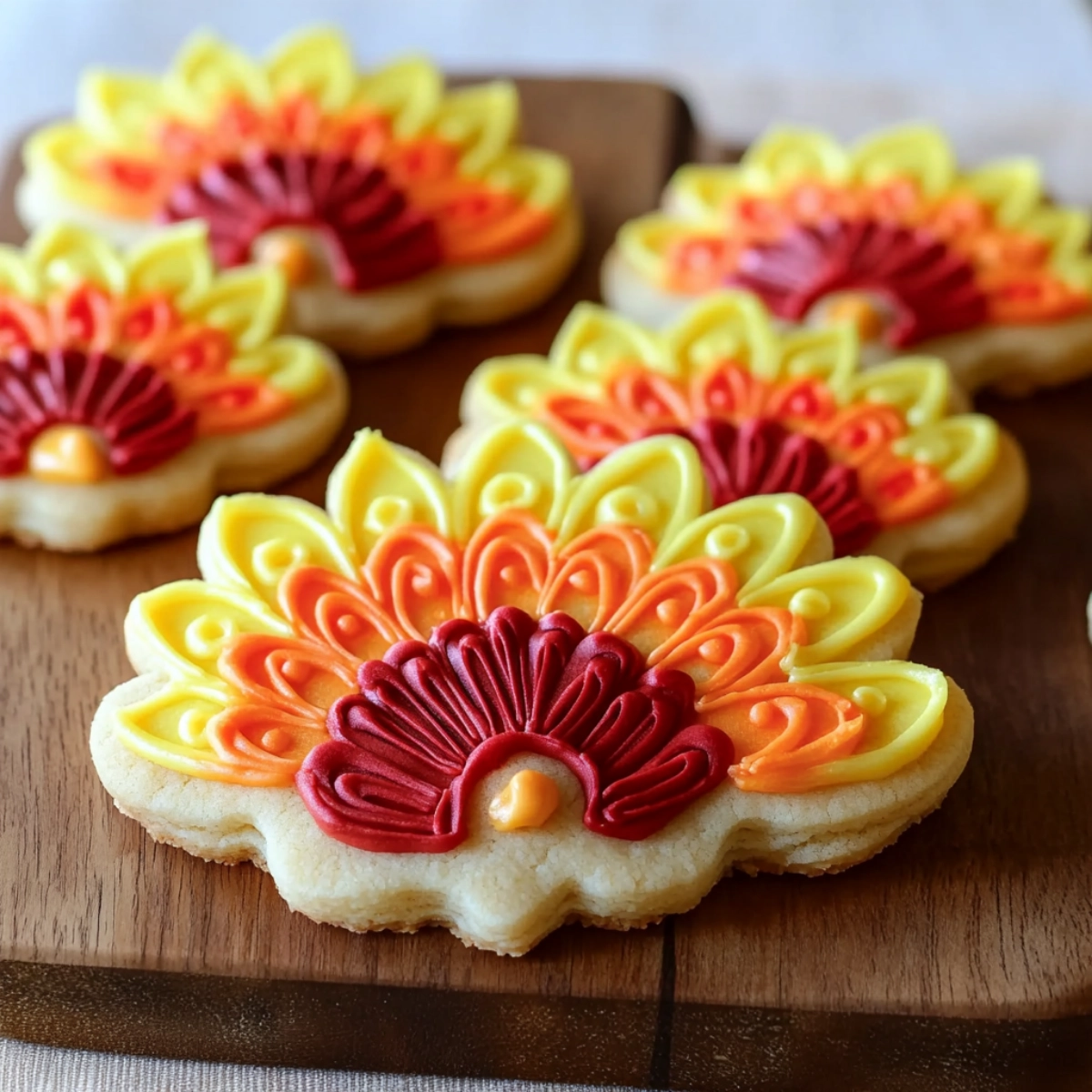 Colorful Thanksgiving turkey cookies decorated with buttercream frosting in red, orange, and yellow on a light background.