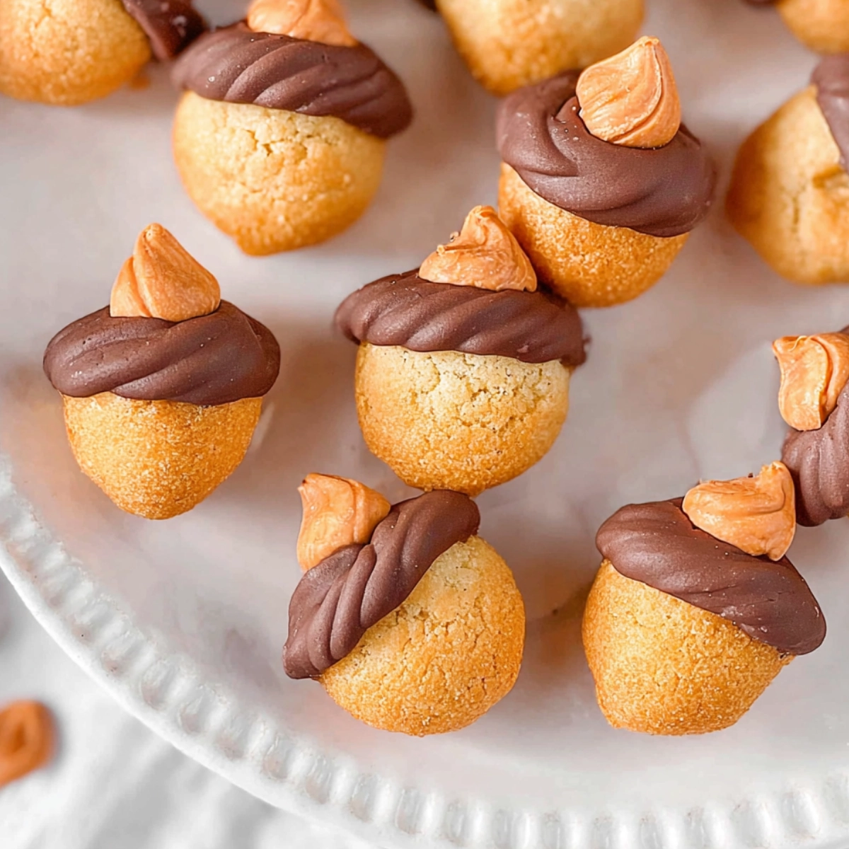 Acorn-shaped cookies made with mini Nutter Butter cookies, Hershey’s Kisses, and butterscotch chips arranged on a white plate.