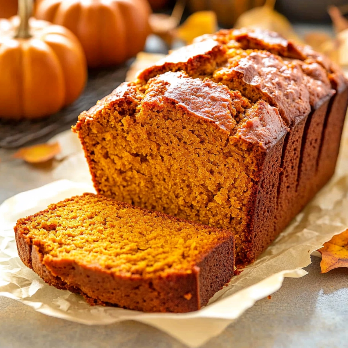 Freshly sliced pumpkin bread loaf on parchment paper with autumn decorations in the background.