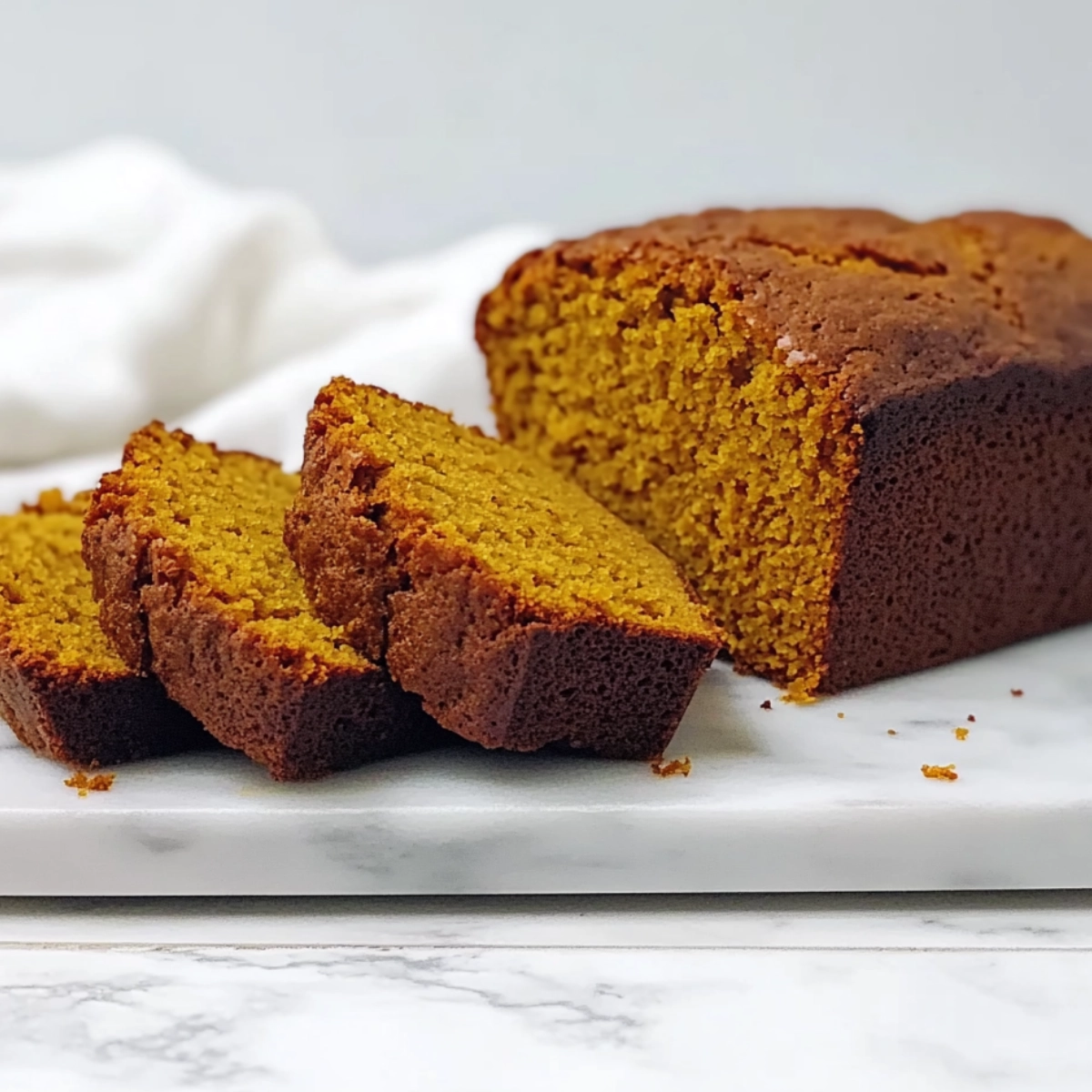Freshly baked pumpkin bread loaf sliced on a white marble board with a golden brown crust and moist interior.
