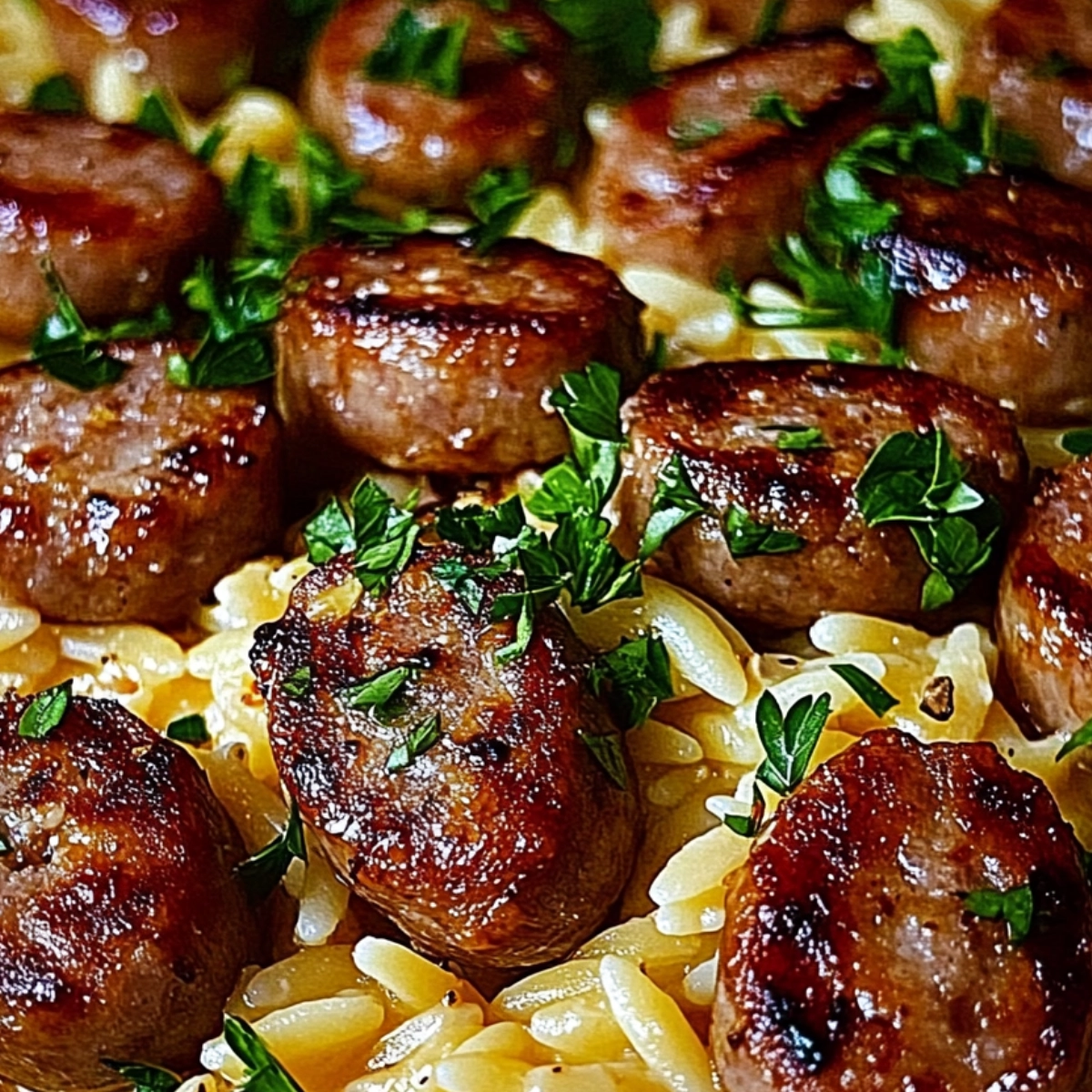 Creamy orzo pasta topped with golden-brown sausage slices and fresh parsley on a plate.