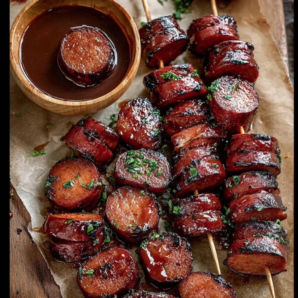 BBQ glazed smoked sausage slices served on parchment paper with dipping sauce and herbs.