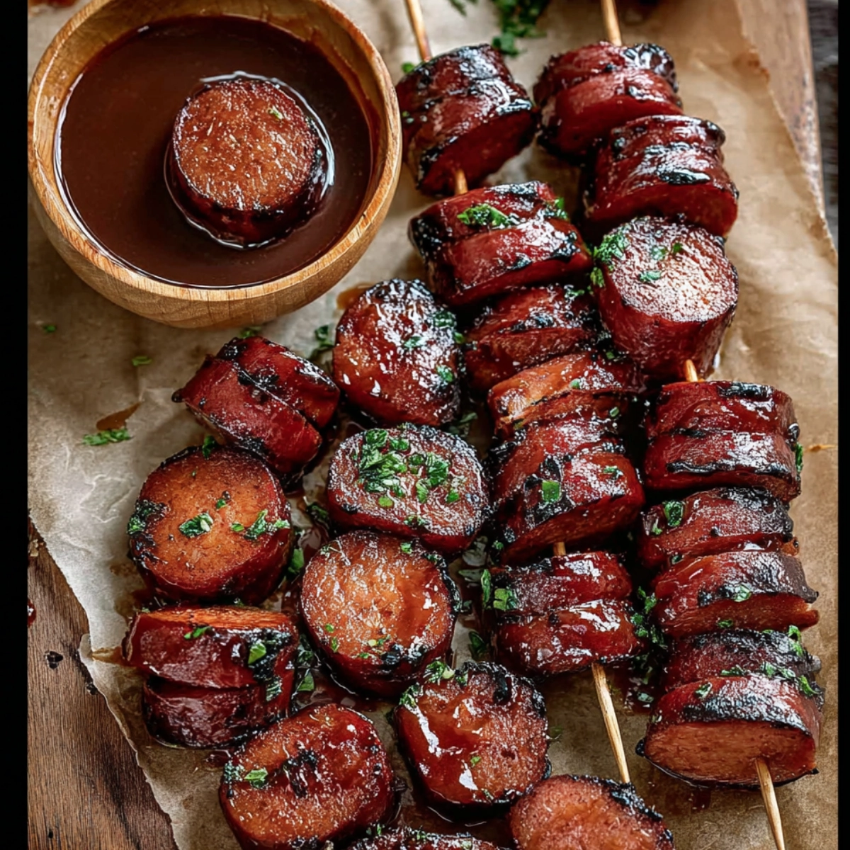 BBQ glazed smoked sausage slices served on parchment paper with dipping sauce and herbs.