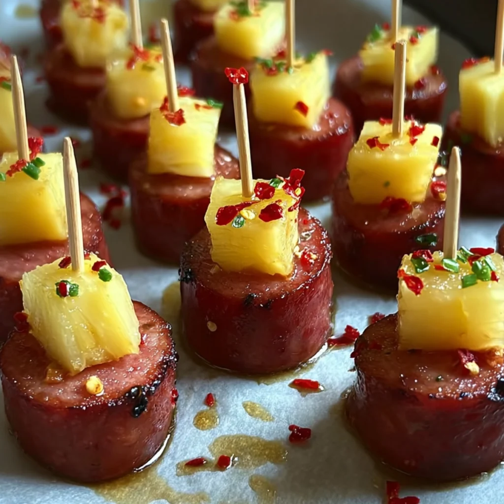 Spicy sausage and pineapple skewers on a parchment-lined baking tray with chili flakes.