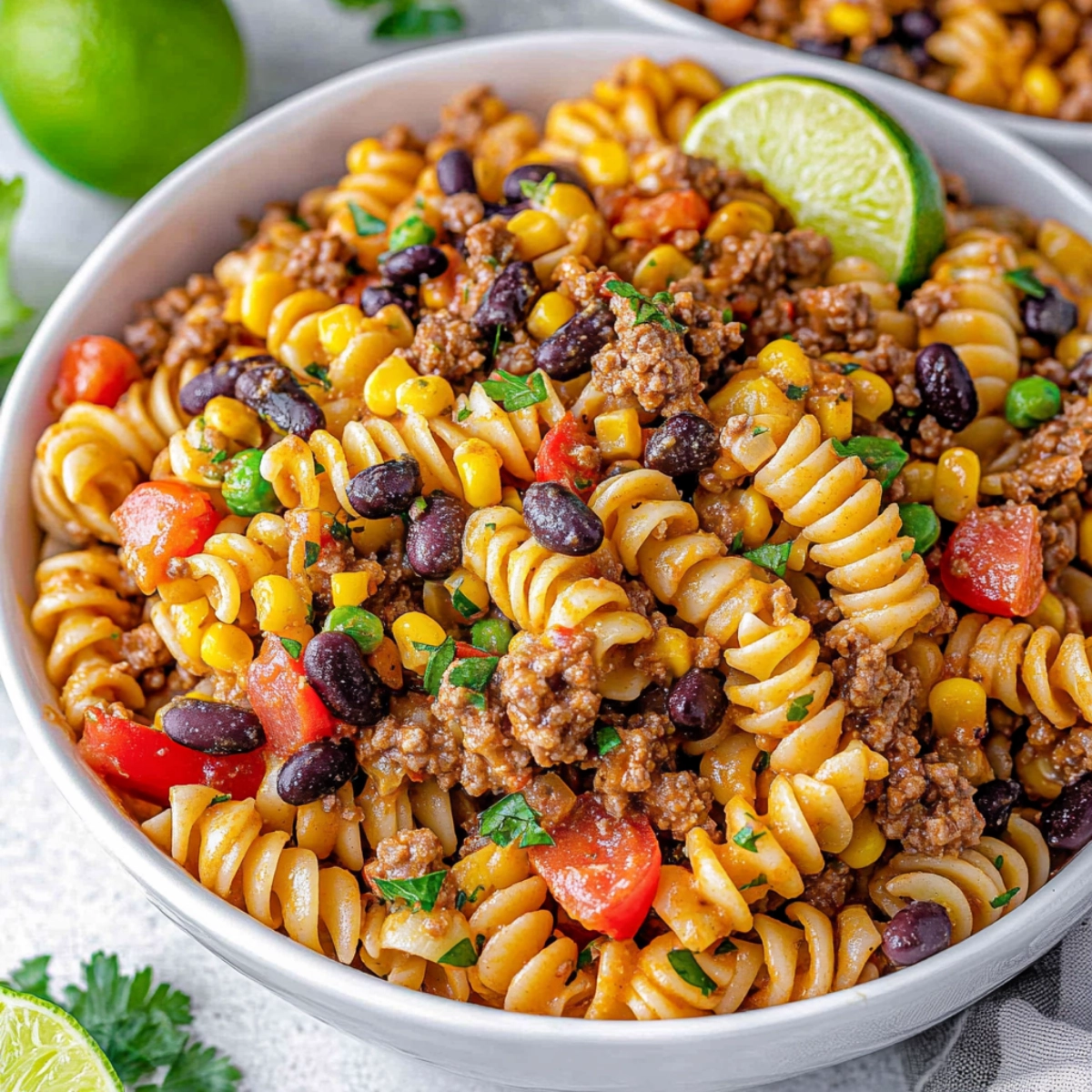 A close-up of a vibrant rotini pasta dish with ground beef, black beans, corn, bell peppers, and cherry tomatoes, garnished with fresh herbs and lime wedges.