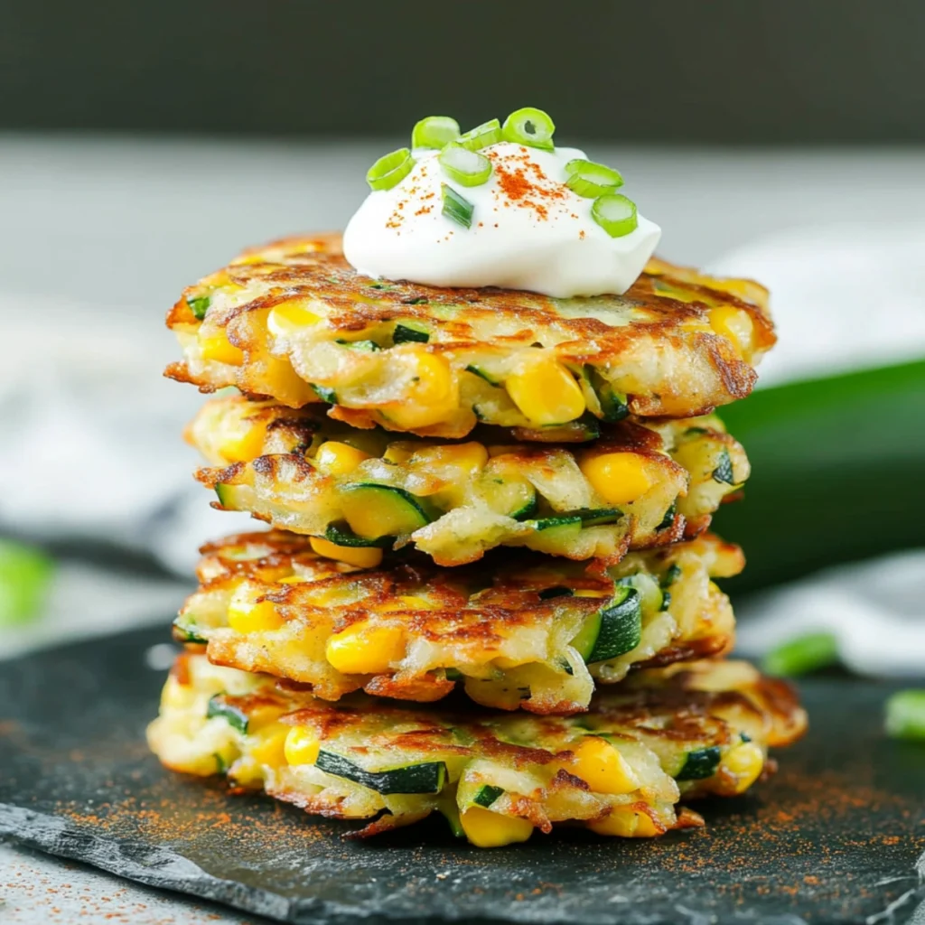 Stack of crispy zucchini and corn fritters topped with sour cream and green onions.