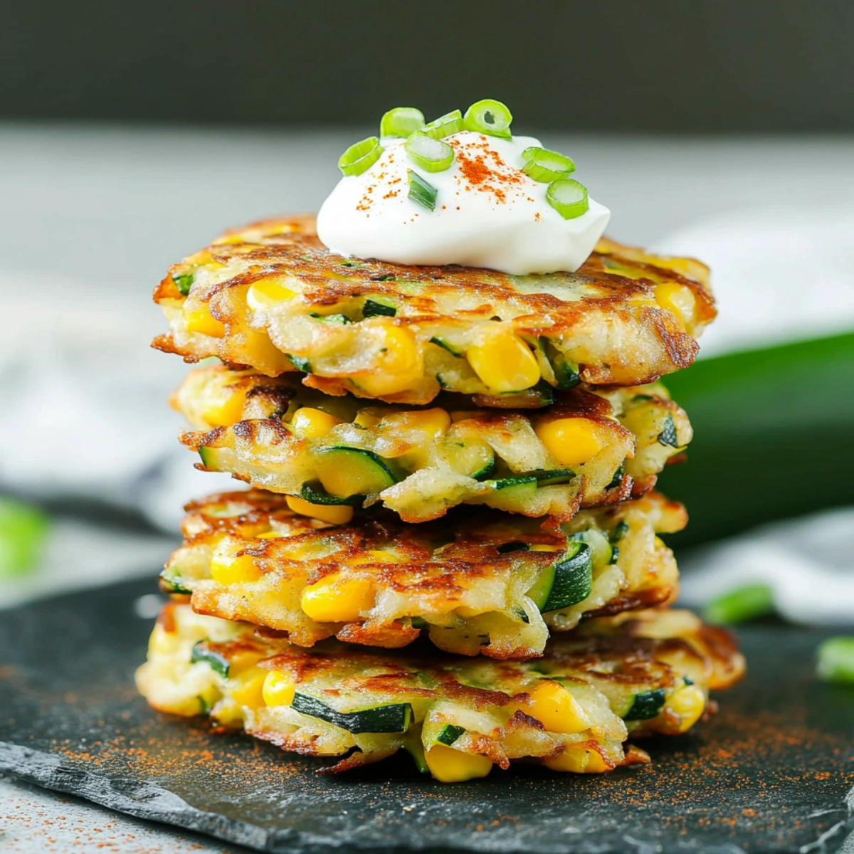 Stack of crispy zucchini and corn fritters topped with sour cream and green onions.