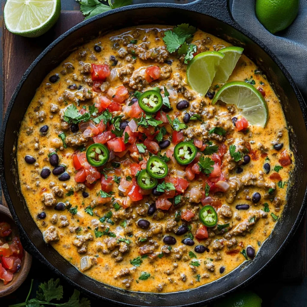 Cheesy skillet queso dip with ground beef, black beans, jalapeños, and fresh salsa.