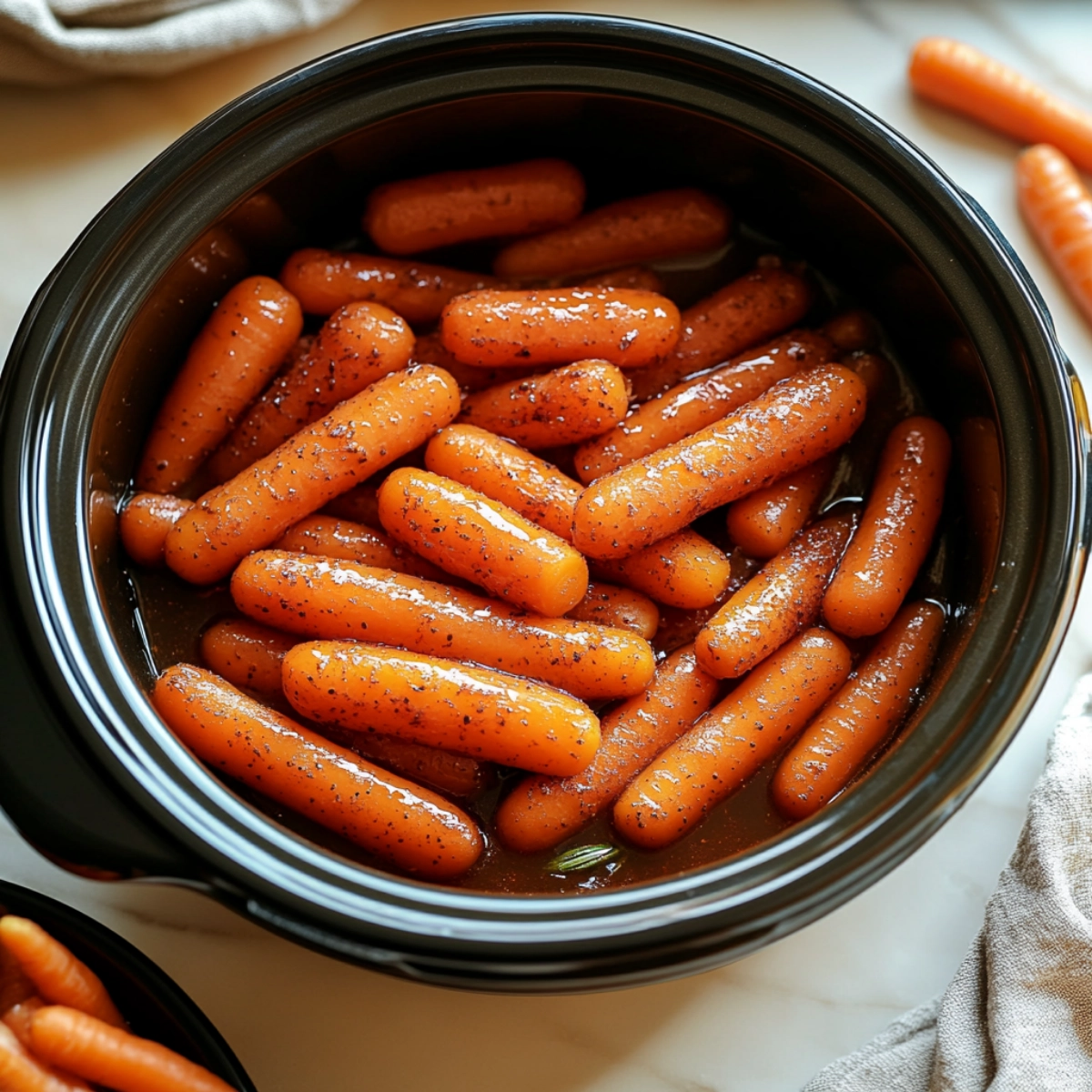 A slow cooker filled with perfectly cooked baby carrots, glistening with a buttery glaze, surrounded by fresh carrots on a neutral-toned surface.