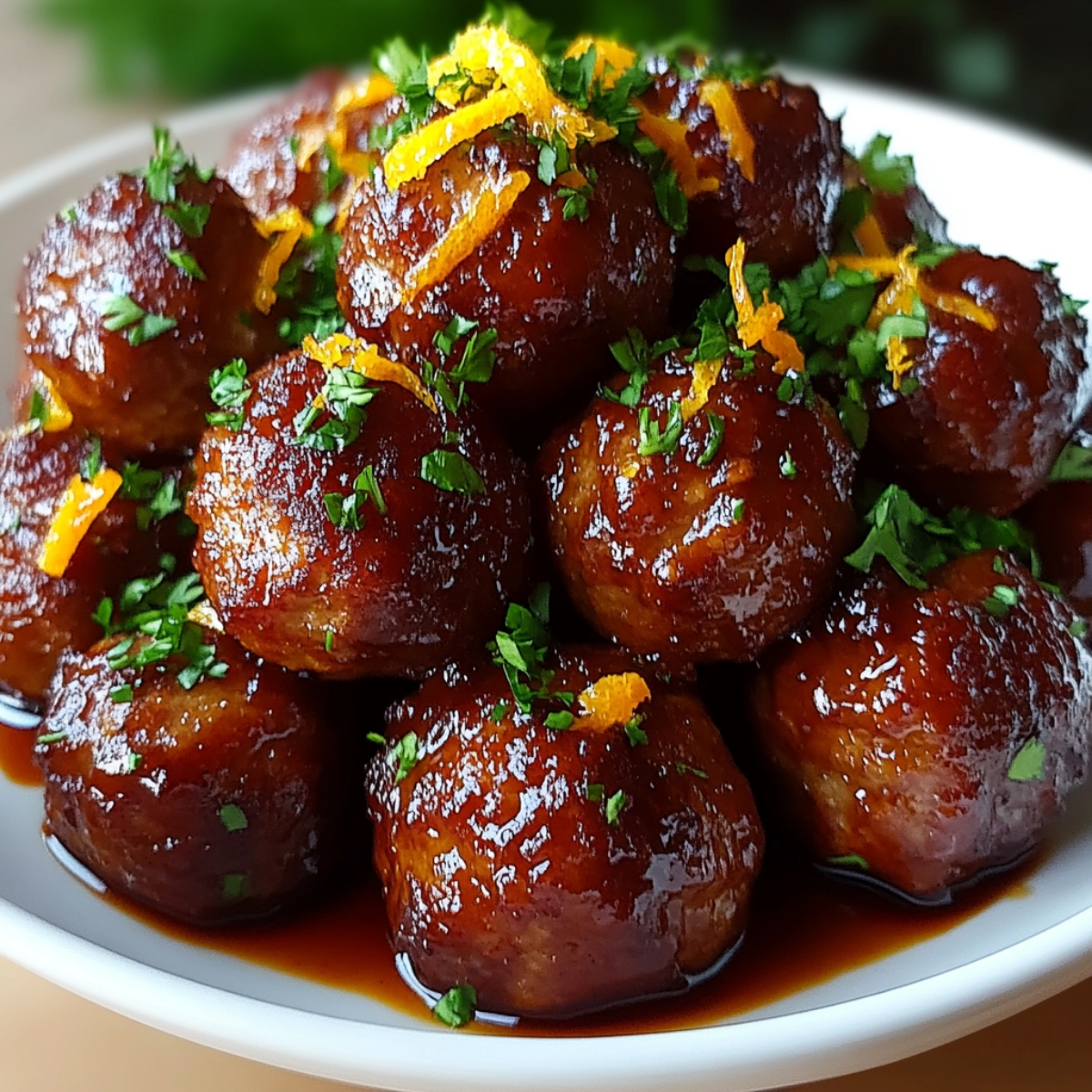 A close-up of glossy meatballs topped with parsley and orange zest, placed on a white plate.