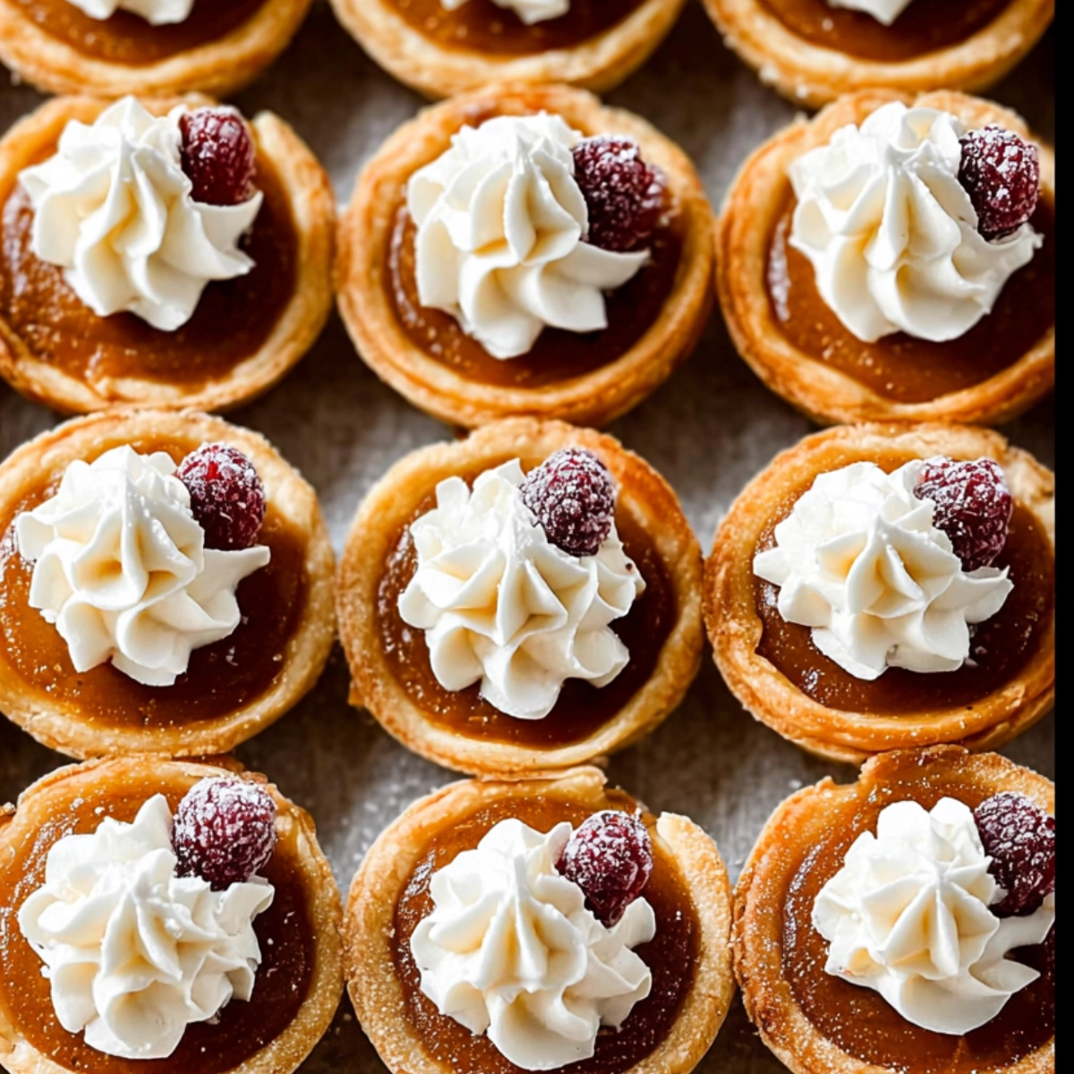 Mini pumpkin pies topped with whipped cream and a sugared raspberry, displayed in a close-up, overhead shot, showcasing a golden crust and smooth filling.