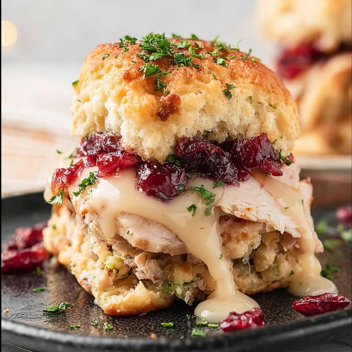 Close-up of a delicious turkey sandwich with stuffing, cranberry sauce, and creamy gravy, topped with fresh parsley, served on a black plate with scattered cranberries.