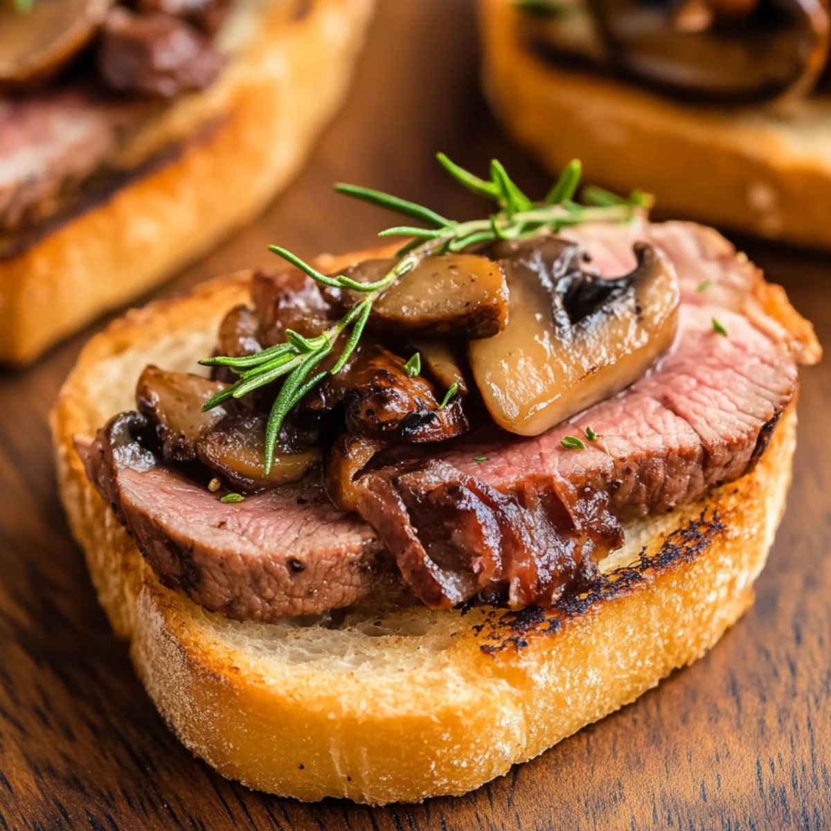Delicious open-faced sandwich with roast beef, mushrooms, and rosemary on toasted bread.