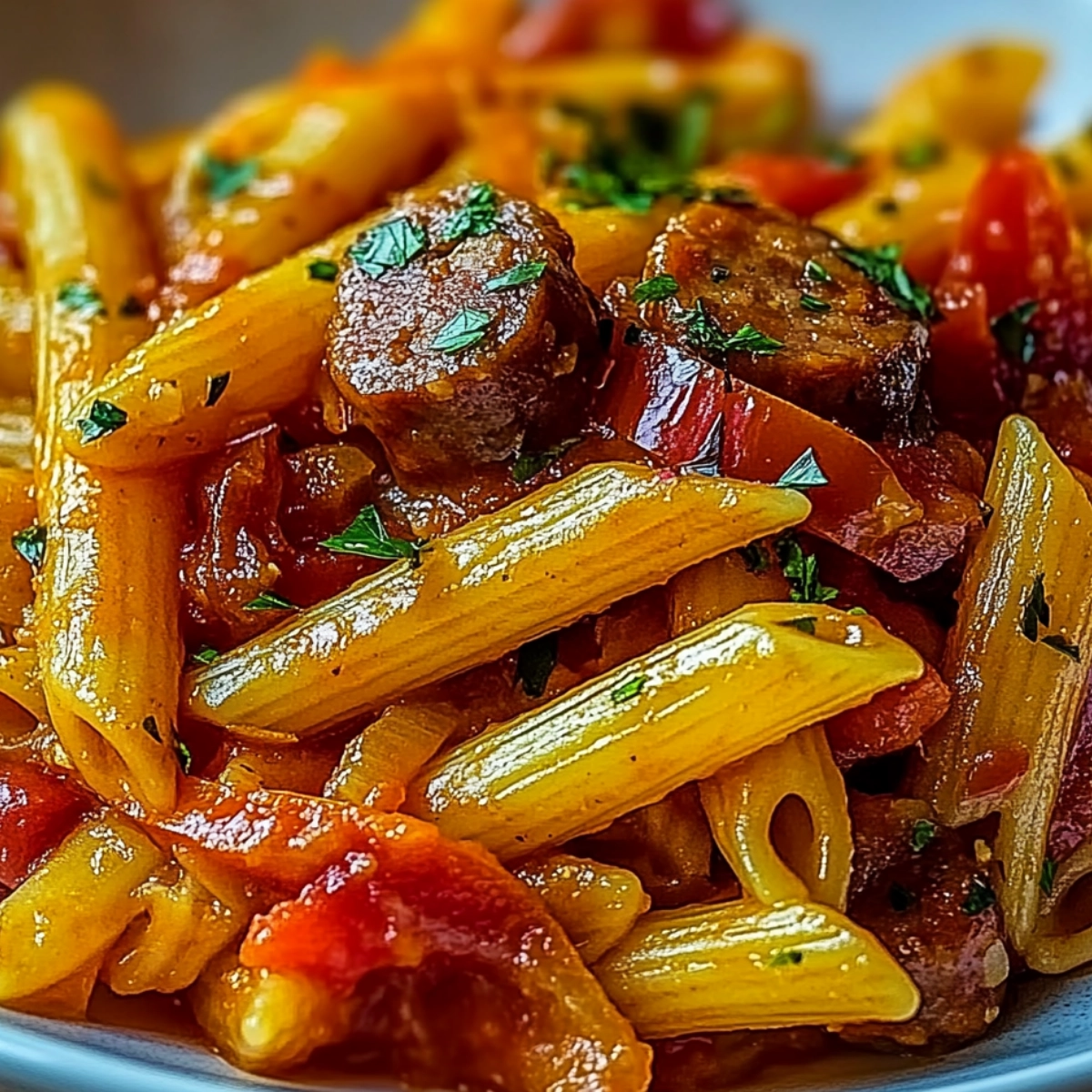 Close-up of penne pasta with sausage, peppers, onions, and tomato sauce garnished with parsley.