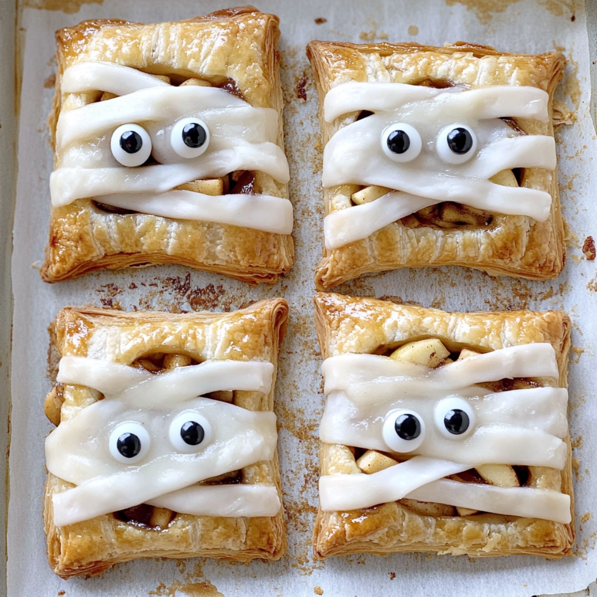 Halloween mummy-inspired puff pastry with cinnamon apples and icing, topped with candy eyes.
