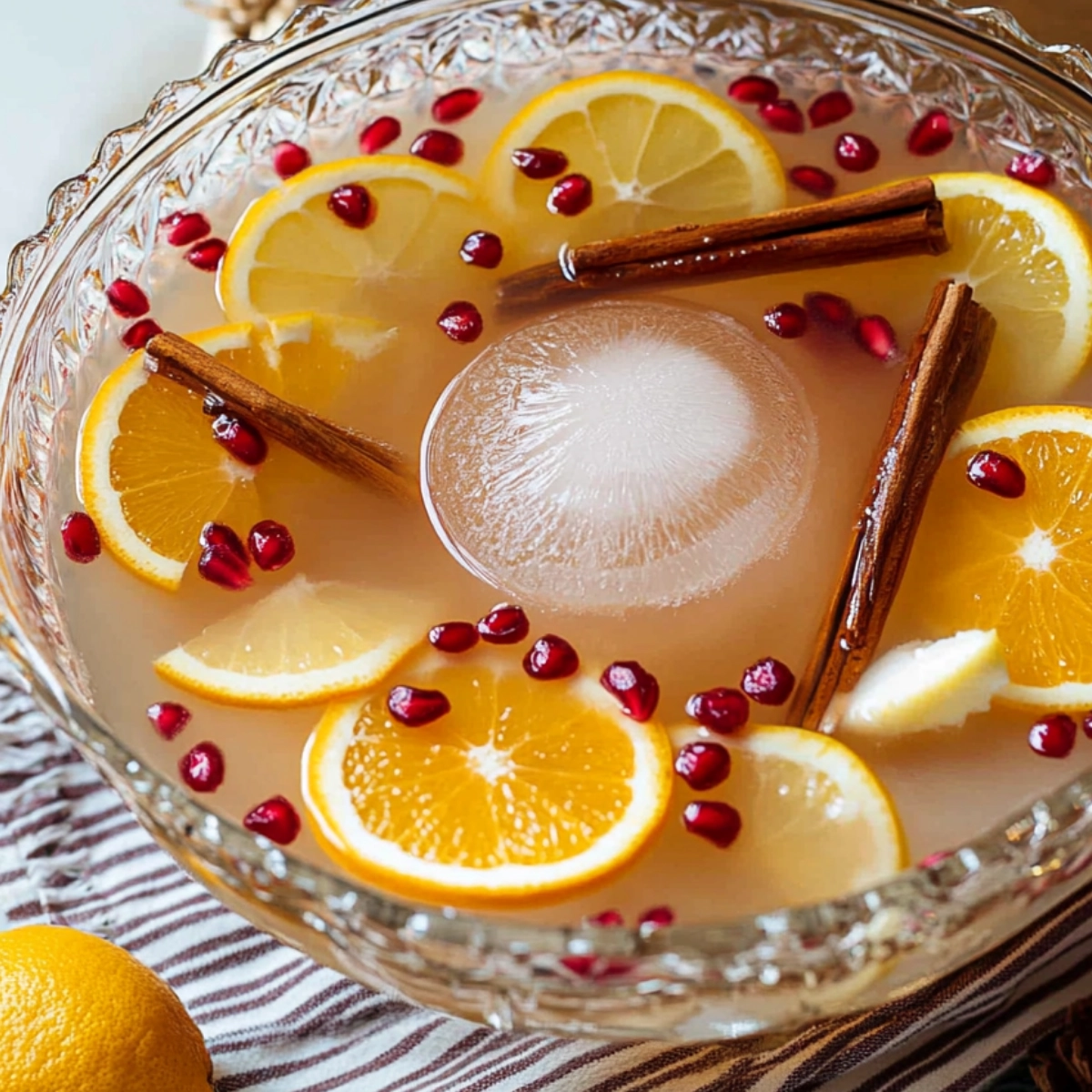 Holiday punch bowl with orange slices, lemon, pomegranate seeds, cinnamon sticks, and ice in a glass bowl.