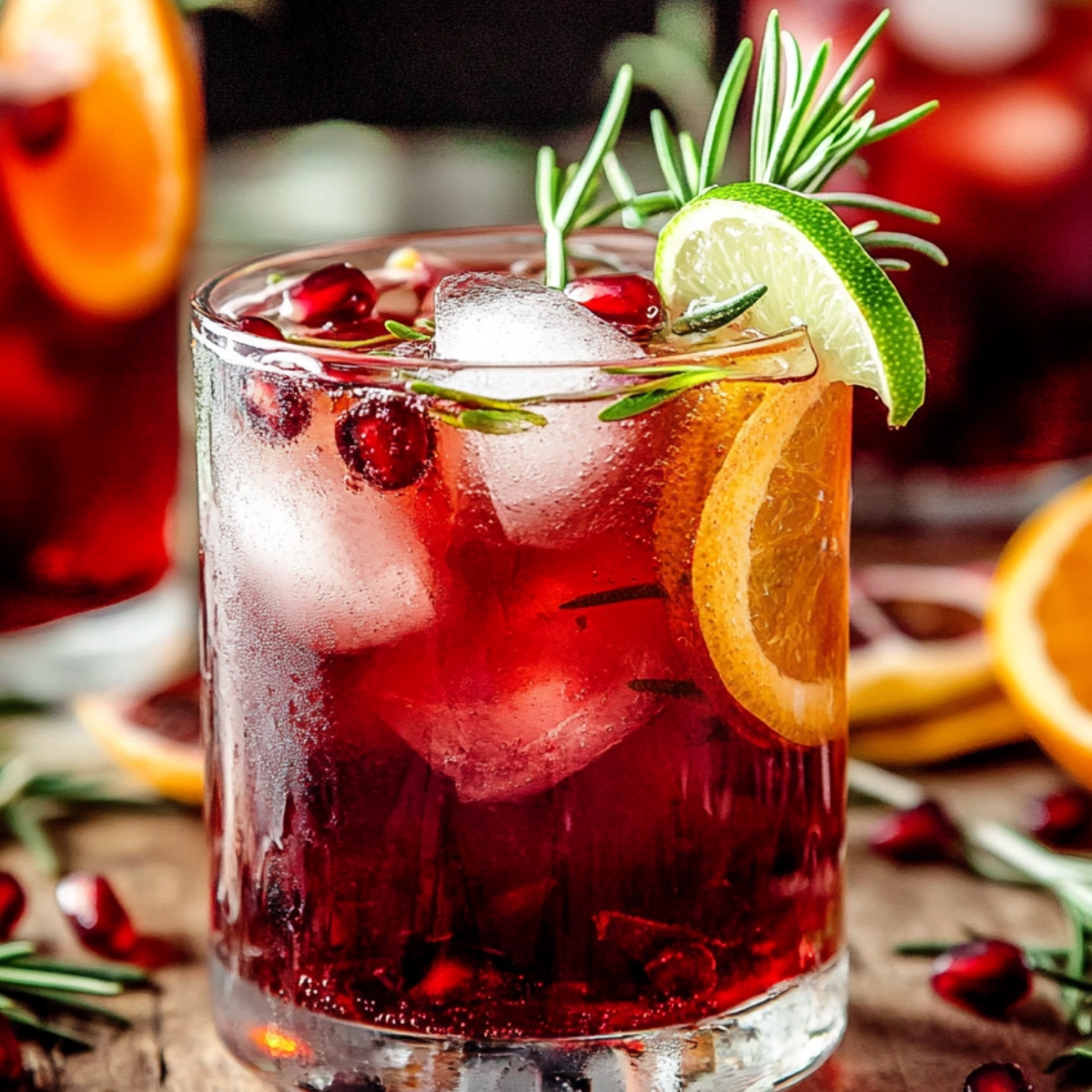 Festive red holiday cocktail with lime, orange, rosemary, and pomegranate in a glass.