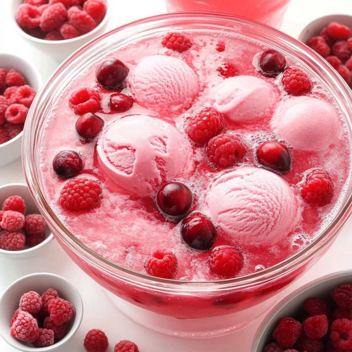 Festive pink sherbet punch with raspberries and cranberries in a glass punch bowl