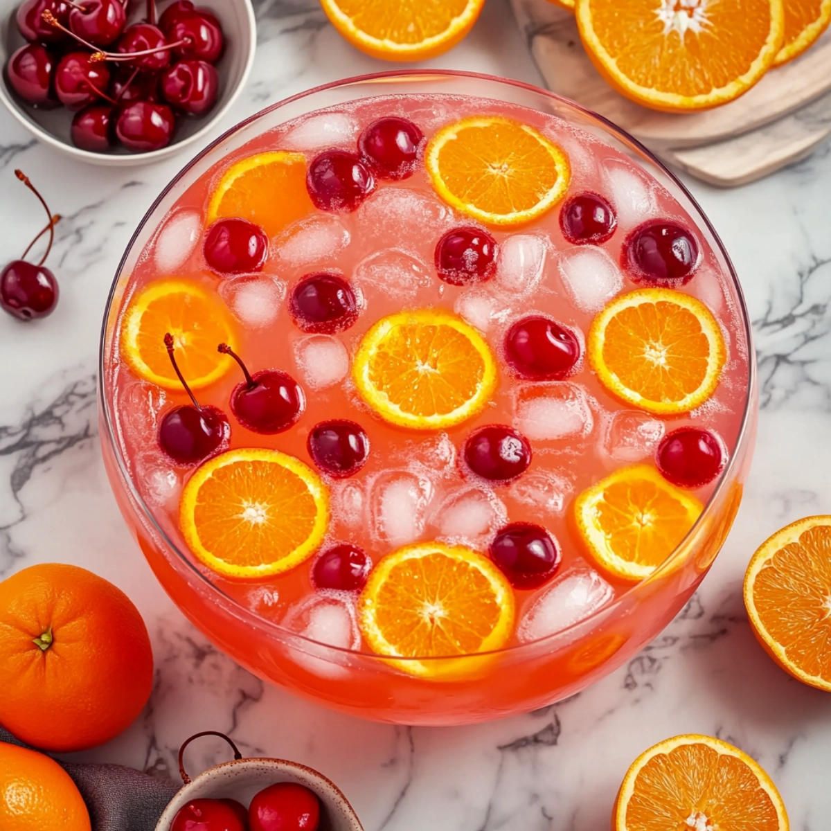Refreshing orange and cherry party punch bowl with ice cubes and fruit slices on marble table