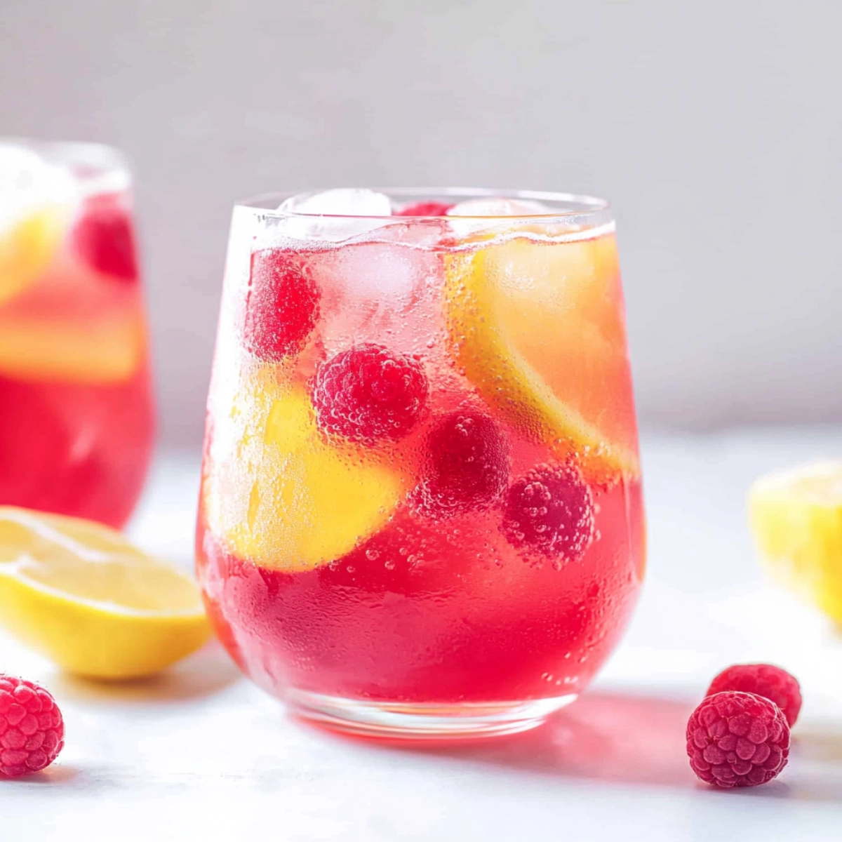 Refreshing raspberry lemonade soda with ice cubes, lemon slices, and raspberries in a clear glass