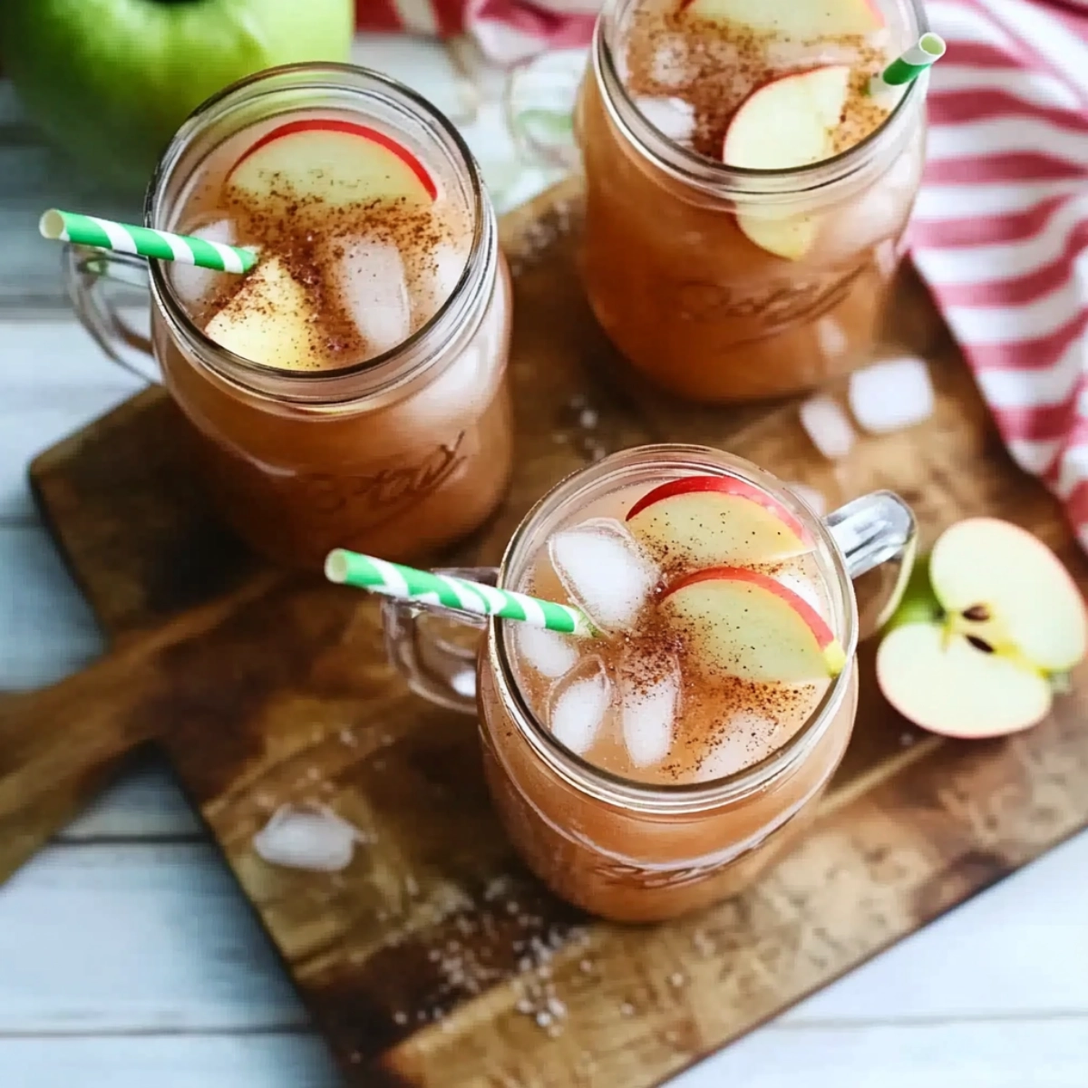 Refreshing iced apple cider in mason jars with apple slices, cinnamon, and striped straws on a wooden board.