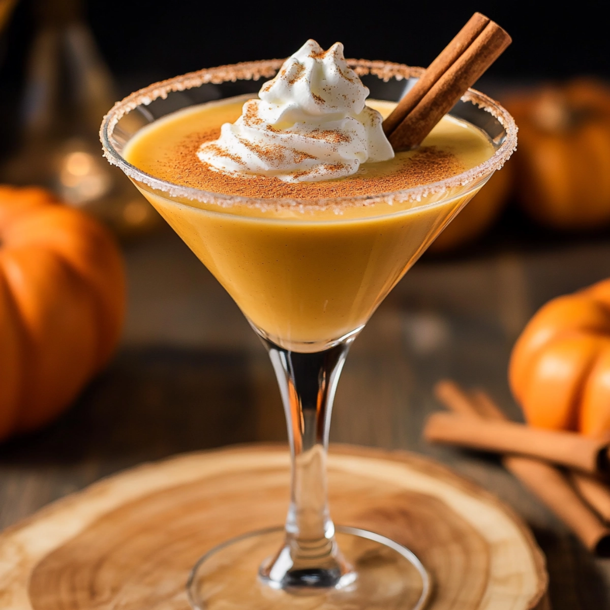 Pumpkin pie martini cocktail with whipped cream and cinnamon stick garnish in a sugar-rimmed glass.