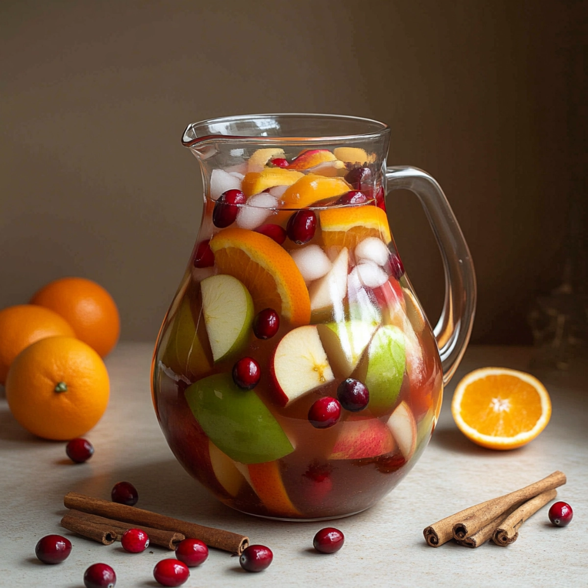 Glass pitcher of holiday sangria with apples, oranges, cranberries, and cinnamon sticks on a stone table.
