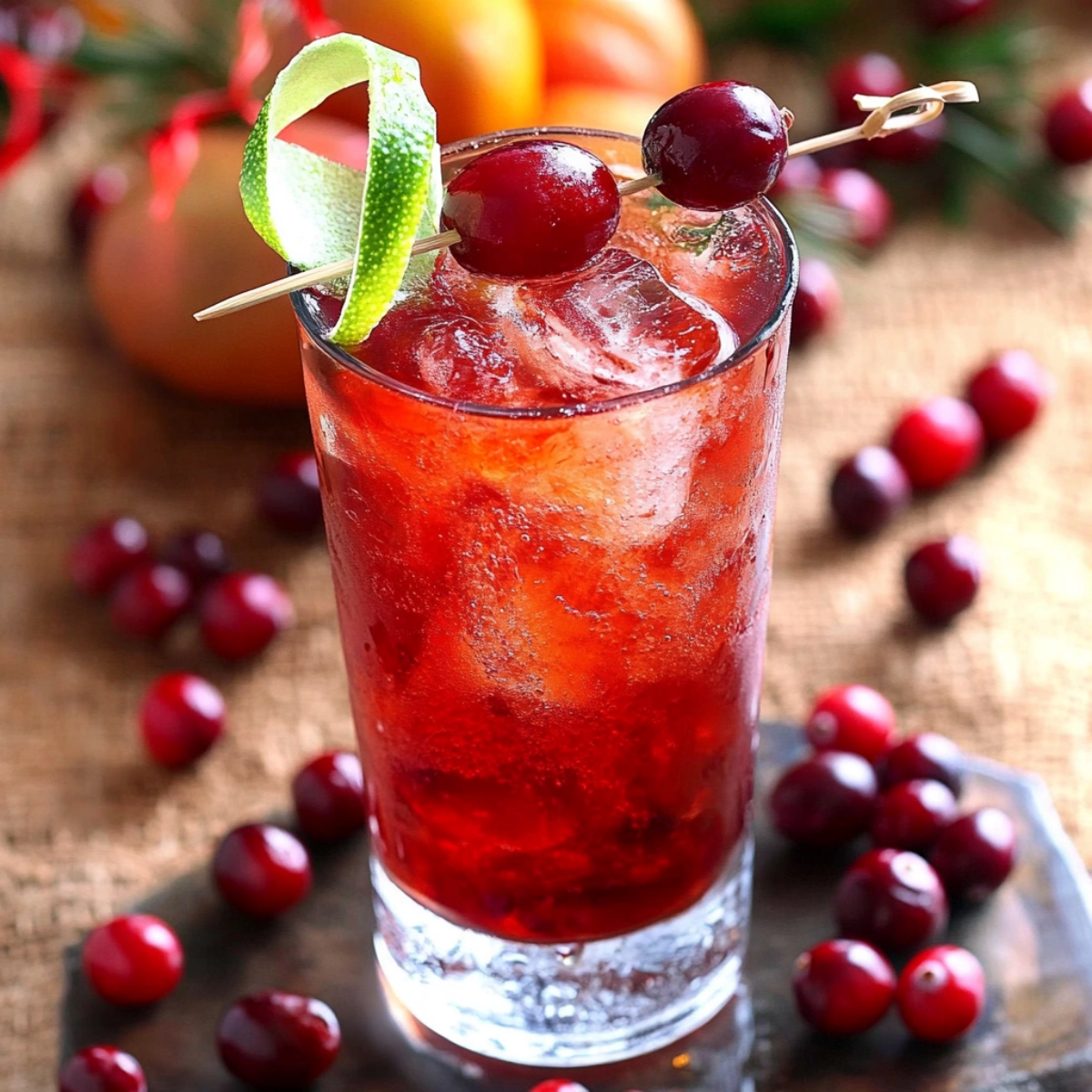 Iced cranberry cocktail with fresh cranberries and lime garnish in a tall glass.