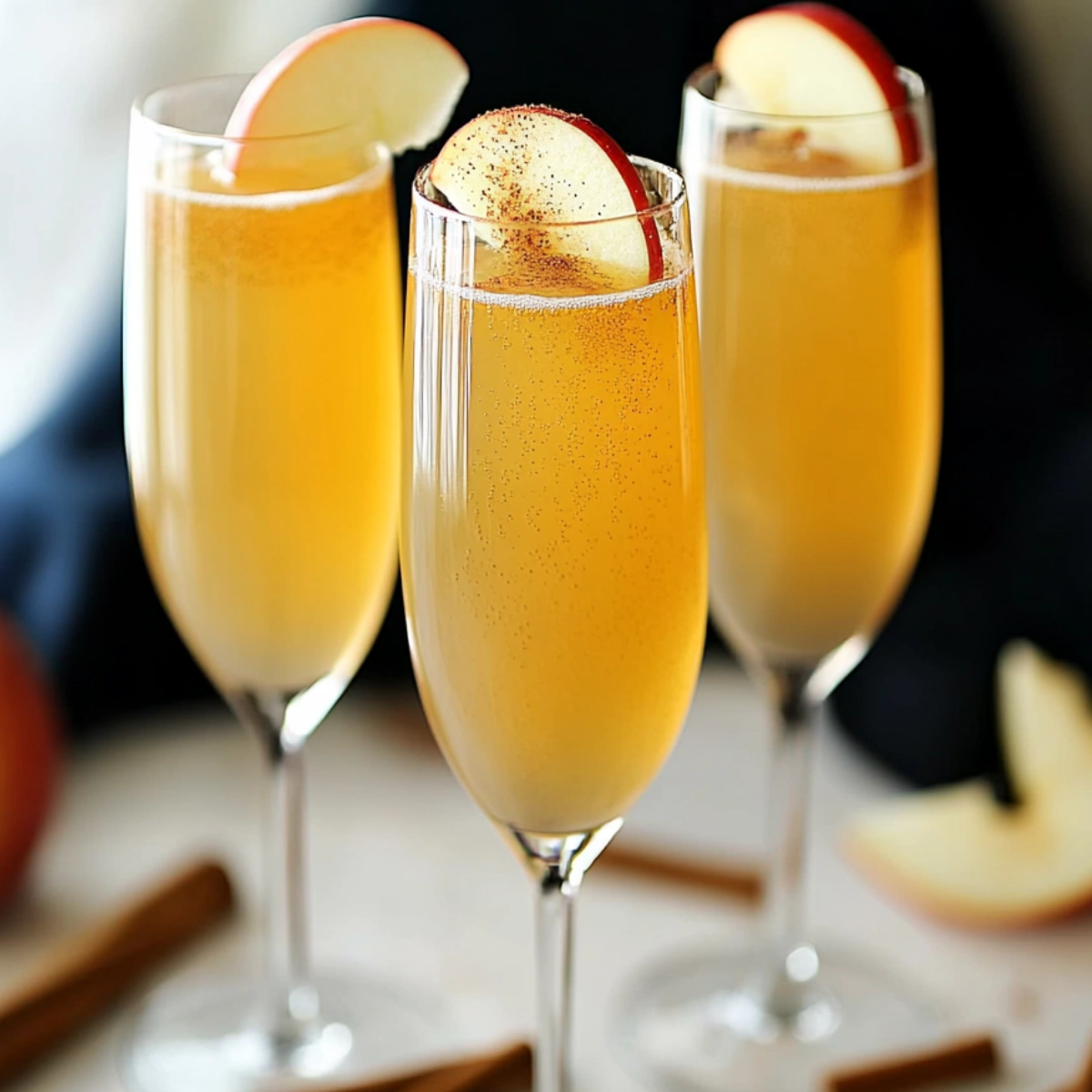 Apple cider mimosas in champagne flutes with apple slice garnish and cinnamon sticks on a white table