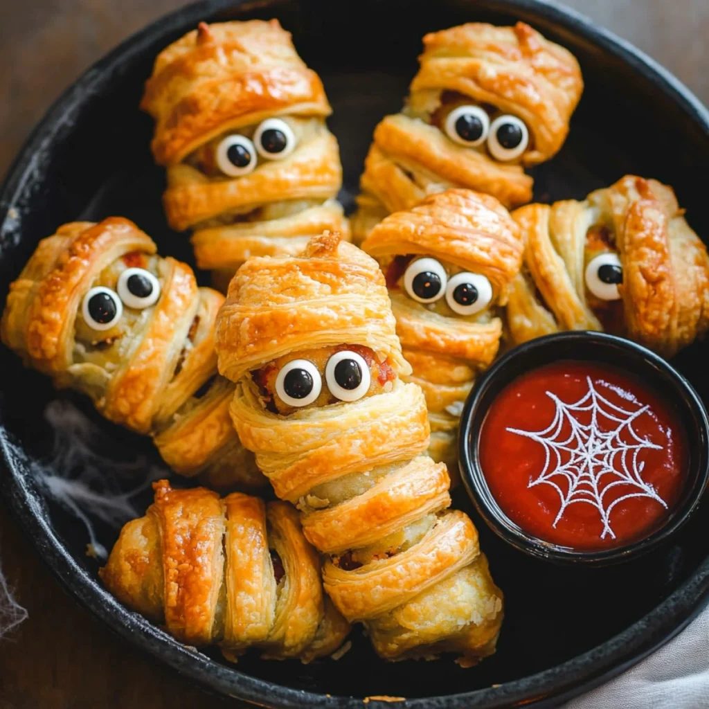 Mummy-shaped pastries with candy eyes, served on a rustic wooden board with a spiderweb ketchup and sour cream design.
