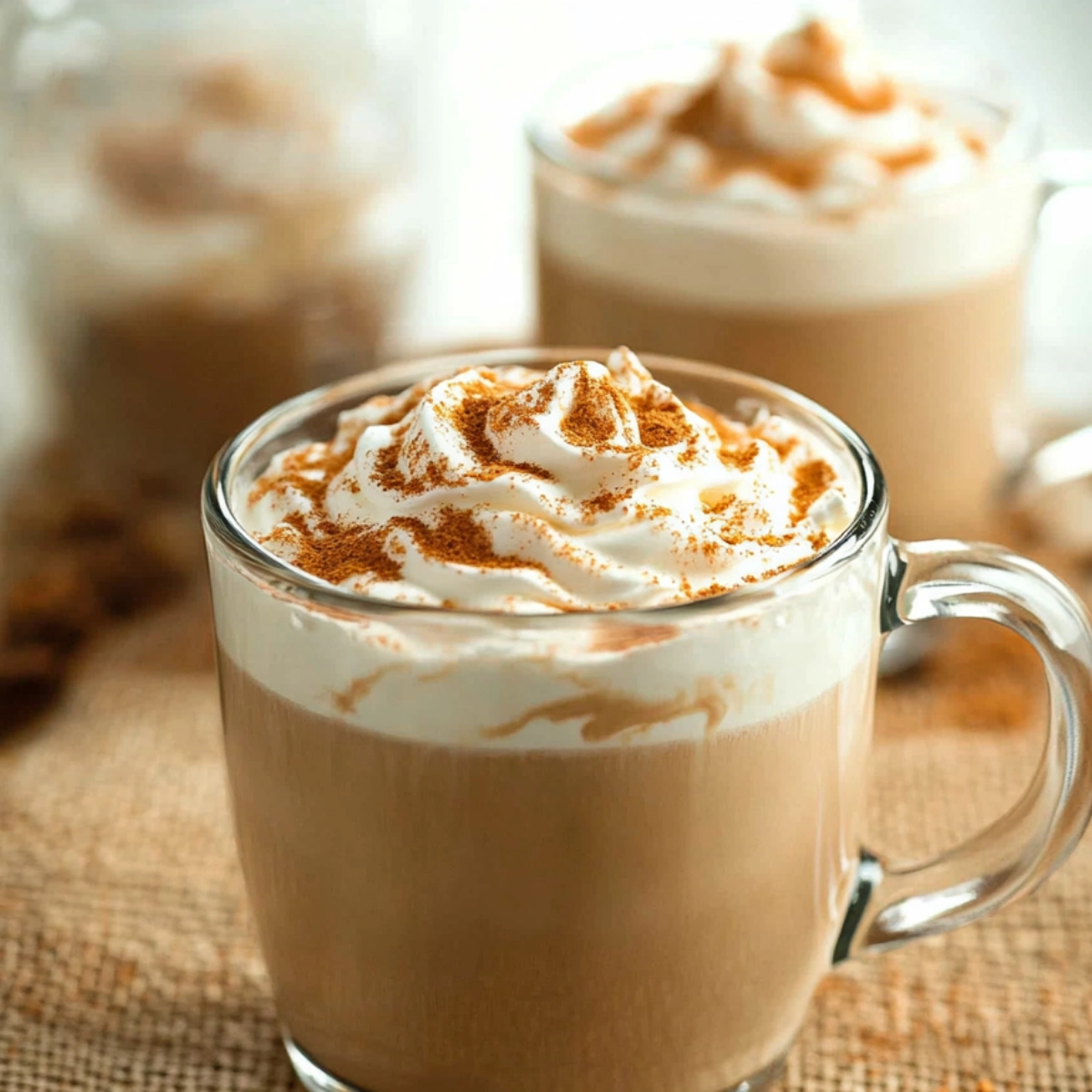 Creamy latte in a glass mug topped with whipped cream and cinnamon on a rustic mat.