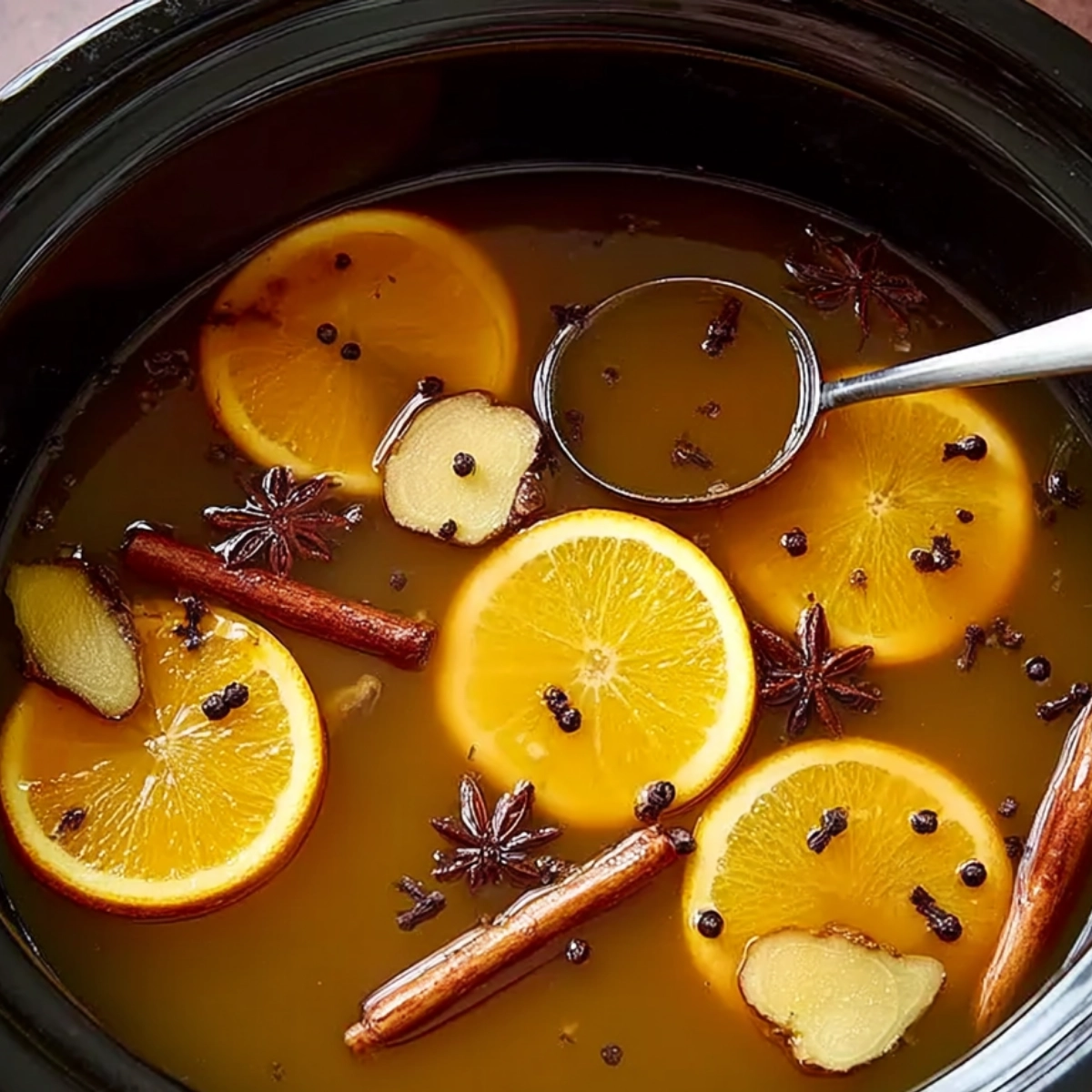 Top view of crockpot spiced apple cider with oranges, ginger, cloves, and cinnamon sticks