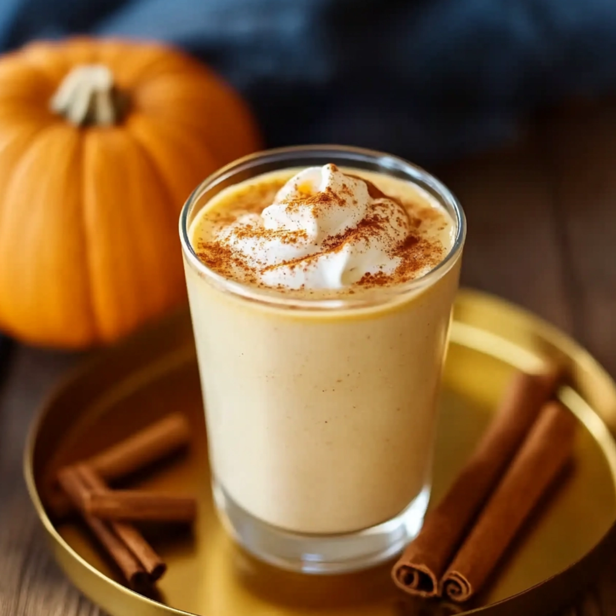 Pumpkin spice smoothie in a glass topped with cinnamon and whipped froth, styled with fall spices.