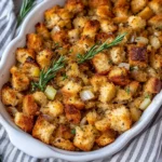 A beautiful close-up image of golden-brown homemade stuffing garnished with fresh rosemary and thyme, served in a white dish with a striped kitchen towel.