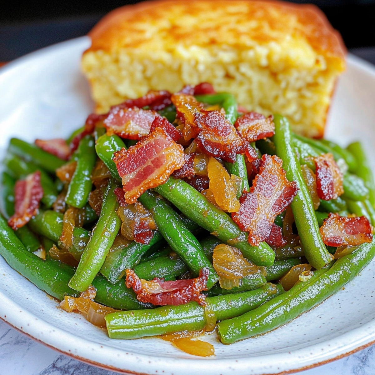 Sautéed green beans with crispy bacon, caramelized onions, and cornbread served in a dish.