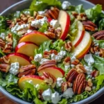 A fresh and vibrant salad with red apple slices, pecans, feta cheese, and leafy greens arranged in a bowl, showcasing healthy ingredients in a visually appealing way.