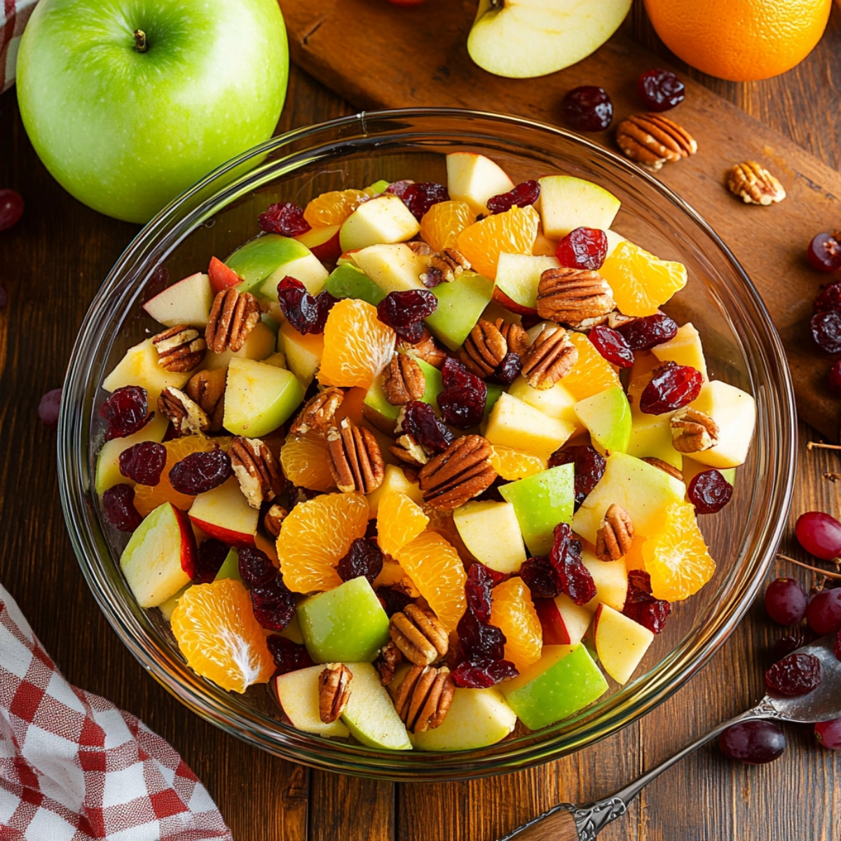 Healthy fruit salad with apples, grapes, orange slices, cranberries, and pecans in a clear bowl on a wooden surface.