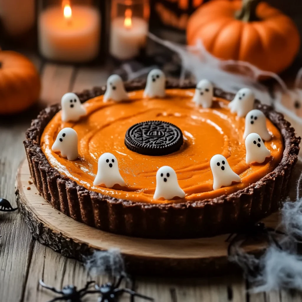A Halloween tart with orange pumpkin filling, Oreo cookie crust, and ghost and pumpkin decorations, set against a rustic wooden background with spider webs.