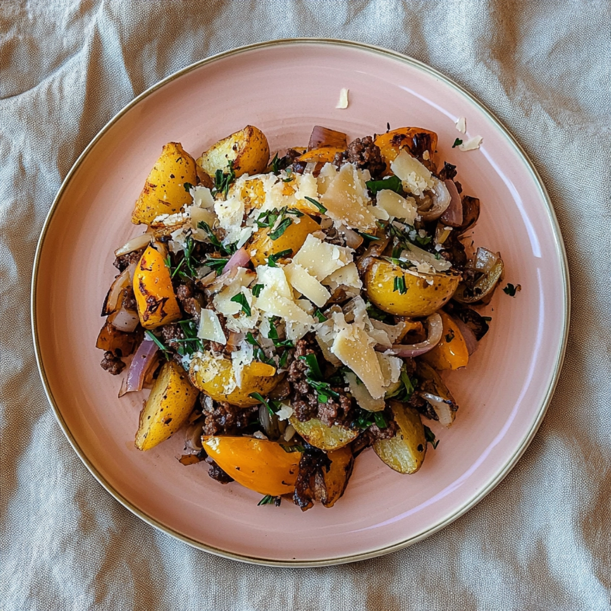 A hearty, homestyle breakfast featuring roasted potatoes, ground beef, sweet peppers, and onions, topped with cheese and fresh herbs, served on a pink plate.