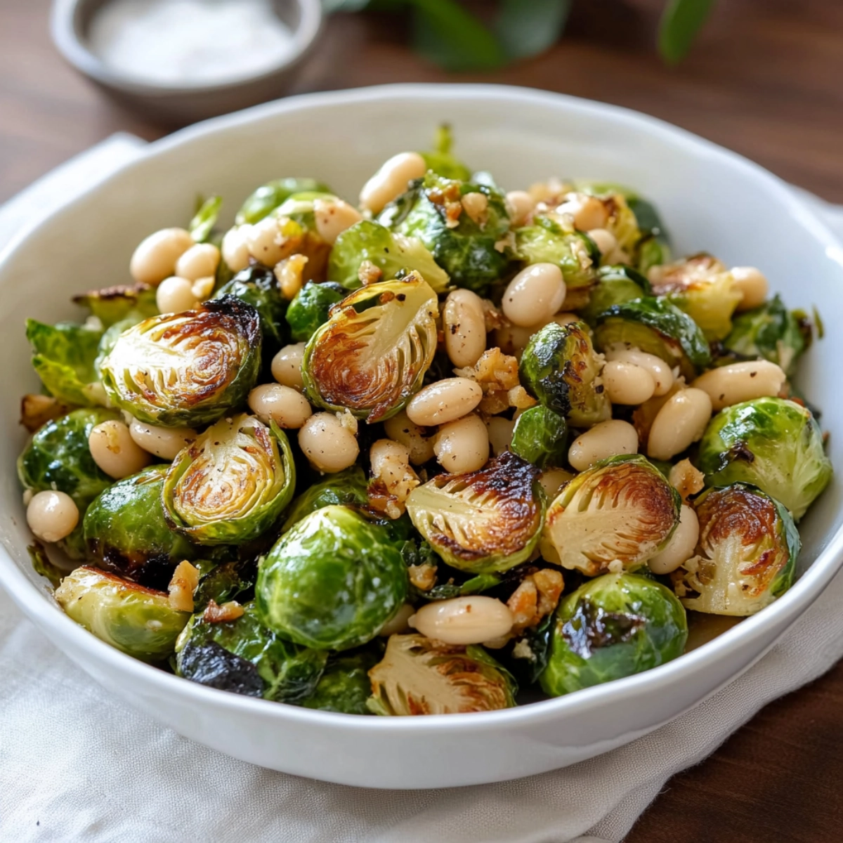 A close-up image of roasted Brussels sprouts with Parmesan cheese and white beans in a rustic bowl, perfect for a healthy side dish.