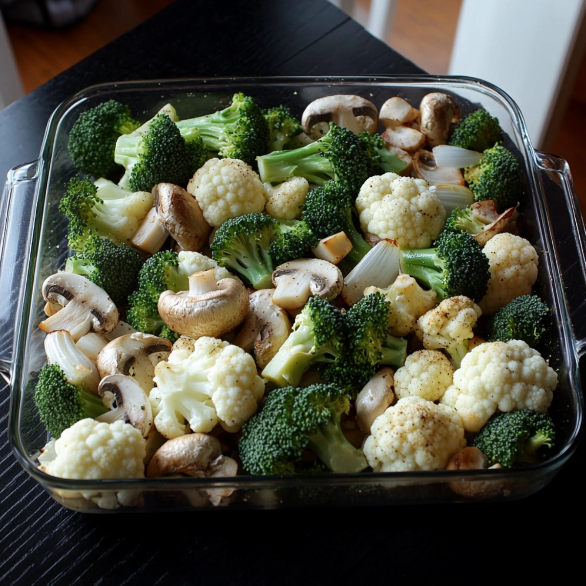 A close-up image of fresh raw vegetables, including broccoli, cauliflower, mushrooms, and onions, arranged in a clear glass dish, ready for roasting with a touch of seasoning.