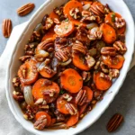 Delicious roasted carrots with pecans and caramelized onions, served in a white dish with a textured linen cloth beside it.